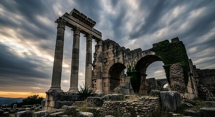 Fototapeta premium Ancient roman ruins with columns and arches under dramatic cloudy sky at sunset