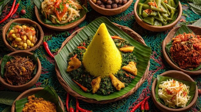 A vibrant culinary display. Central yellow rice cone surrounded by small dishes with various foods, displayed on a richly patterned fabric background