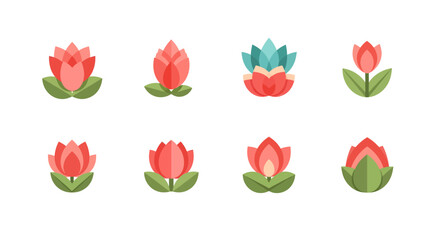 Set of eight charming flat design floral vector illustrations, showcasing stylized botanical elements perfect for web design, app interfaces, and creative digital assets