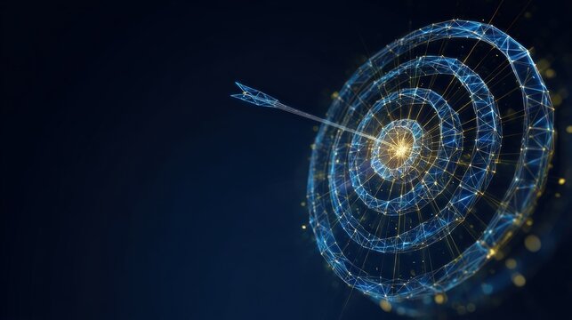 A digital dart arrow hitting the target, symbolizes the goals are met, concept of accuracy and precision.  ..Created with Generative AI, not depicting real subjects.