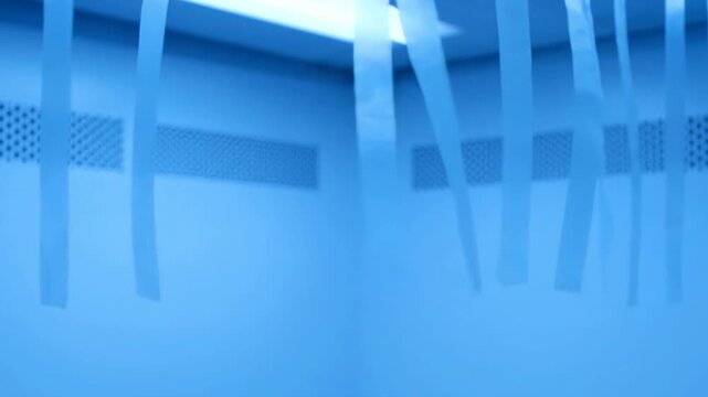 Abstract blue space with hanging strips and ventilation grill