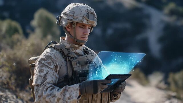 Military team coordination powered by artificial intelligence, commander analyzing real-time data on a tablet device, digital overlays showing unit positions and connectivity