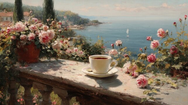 A scenic painting shows a cup of tea on a balcony overflowing with pink roses, overlooking a calm sea and coastal village
