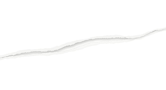 Isolated diagonal torn paper edge with soft shadow effect on plain white background space