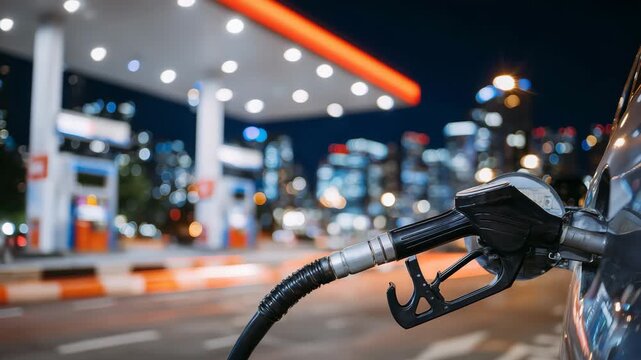Nighttime gas station refueling scene, close-up of fuel nozzle and hose, bright overhead lights casting reflections, urban mobility and energy supply concept