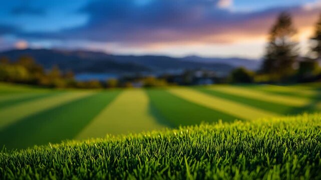 Perspective close-up of golf green with striped, manicured grass, soft warm morning light, blades of grass in sharp detail, idyllic setting for outdoor sports and leisure