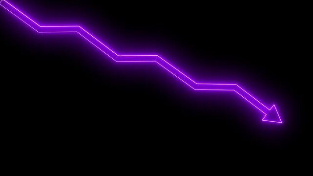 Glowing downward zigzag arrow animation for business data visualization and chart presentations. Neon arrow line smoothly moves to illustrate declining trends, metrics, or analytics.