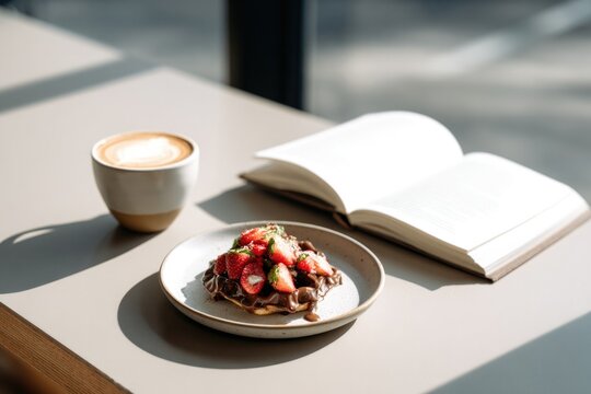 Delicate dessert topped with fresh fruit, paired with warm bever