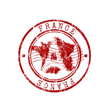Red grunge rubber stamp with France map and Eiffel tower, vector
