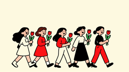 Group of women walking together holding flowers for Women&rsquo;s Day vector illustration