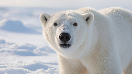 Polar bear standing on snowy Arctic ground with frosty nose and thick white fur, winter wildlife in natural habitat