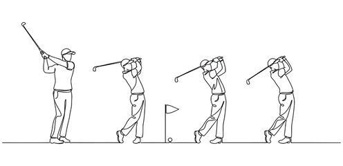 One single line drawing of young sporty golf player hit the ball. One continuous line art drawing of golf swing © Stockxy