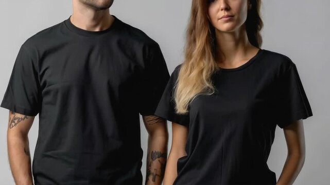 A couple in black T-shirts stands against a neutral background, demonstrating the versatility of style&mdash;the main backdrop for fashion brands and clothing catalogues.
