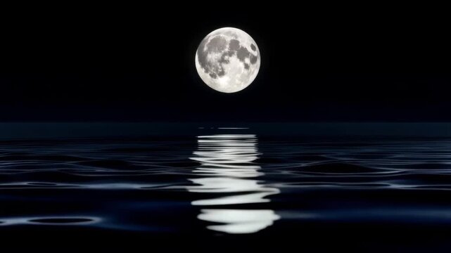 Full Moon Reflecting on Calm Water with Zigzag Path of Light Creating Tranquil Night Atmosphere