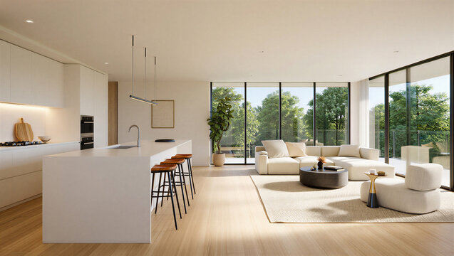 Modern living room and kitchen with large windows and view of trees