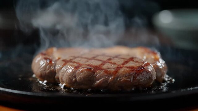 Close-up of a sizzling steak on a hot surface, emitting steam. Grilled marks are visible