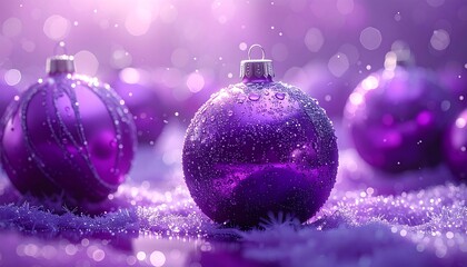 Elegant Purple Christmas Ornaments with Sparkling Snowflakes and Bokeh Lights.