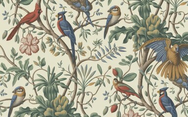 Vibrant tropical birds on a lush floral background.