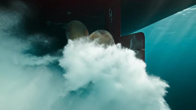 Detailed underwater shot focusing on a massive ship propeller spinning vigorously, displacing clear turquoise water and creating dynamic white frothy splashes, sunlight filtering through the ocean.