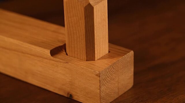 Close-up of a wooden construction, with a square post fitted into a rectangular base