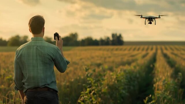 A farmer watches a drone hovering over a field, illustrating innovation in agriculture &mdash; relevant as a background for articles on agricultural technology.
