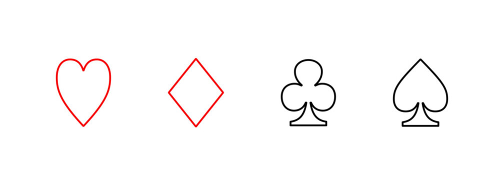 Playing cards suits icon set with heart diamond club and spade outline. Black and red outline icons of deck suits isolated. Minimalist line symbols for gambling and casino interface design