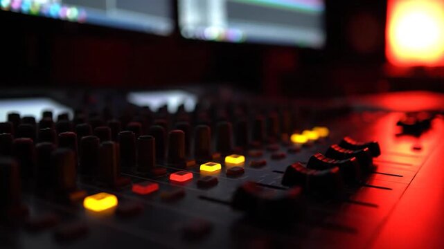 Close-up of audio mixer with glowing lights, in a dark studio setting