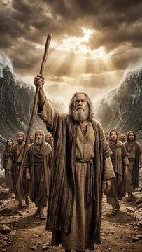 Moses leading Israelites with determination in a dramatic biblical scene