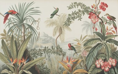 Vibrant tropical birds amid lush botanical scene.