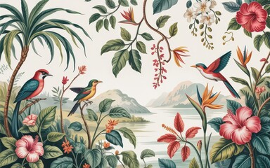 Tropical birds amidst lush floral scenery.