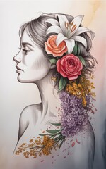 Illustration of woman with floral hairpiece.