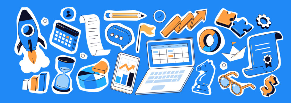 Startup rocket, graph, chart, calendar, puzzle pieces set. Business and finance collage cutout elements. Vector illustration. 