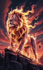 Majestic lion with fiery mane on a cliff.