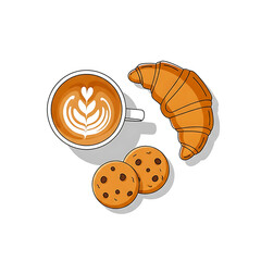 Morning Coffee Break: Cappuccino, Croissant, and Two Cookies