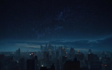 Starry night over a modern city skyline.