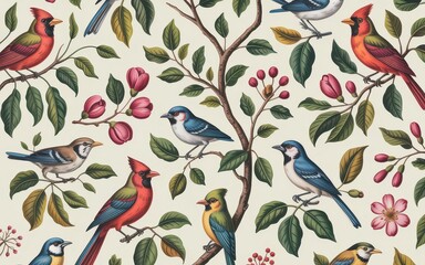 Colorful birds amid lush foliage on a vintage pattern.