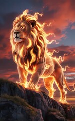 Majestic fiery lion atop rocky cliff at sunset