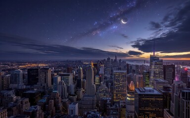 Night sky over a vibrant city skyline