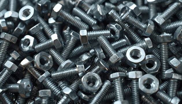 Silver metal hex bolts and nuts pile. Industrial construction hardware background.
