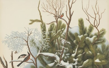 Two birds perched on snowy winter branches