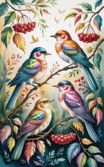 Beautifully colored birds perched on branches.