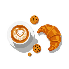Freshly Baked Croissant with Cappuccino and Chocolate Chip Cookies