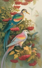 Colorful birds perched among vibrant berries.