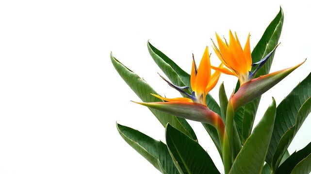 Close-up of Bird of Paradise flowers and leaves against a white background