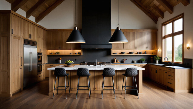 Modern rustic kitchen interior with wooden accents and large window