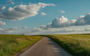 Serene countryside road under a vast blue sky.