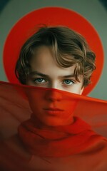 Youthful gaze framed by vibrant red hues.