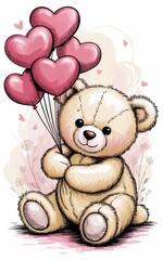 Cute teddy bear with heart-shaped balloons.