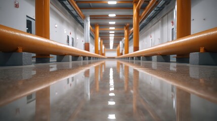 Long industrial corridor with bright orange pipes and a highly reflective floor