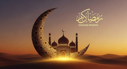 Mosque with crescent moon and stars during sunset for Ramadan celebration